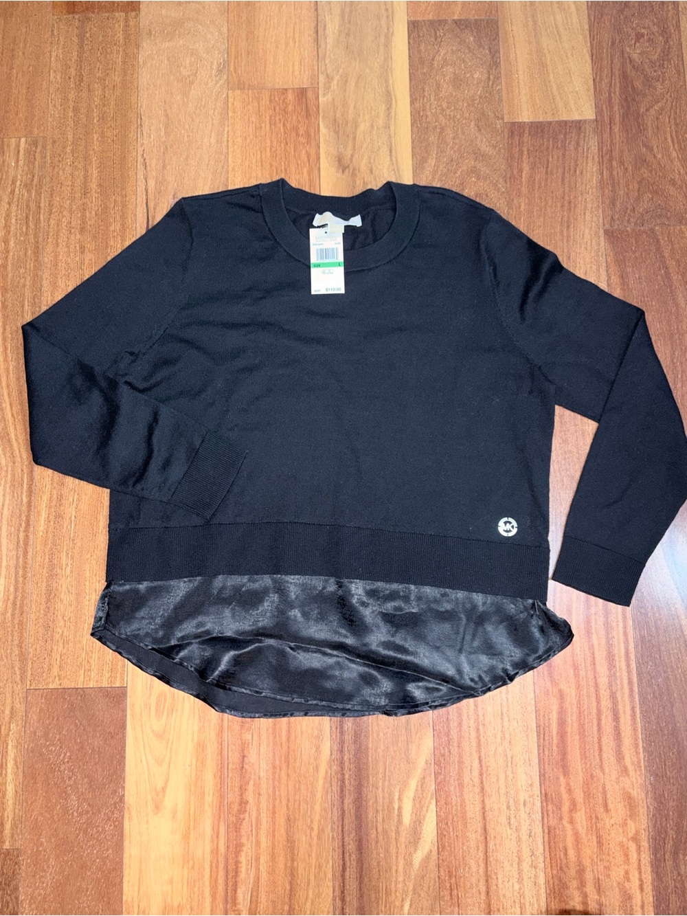 Michael Kors Black Crewneck Sweater with Satin Layered Hem